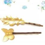 Gold Leaf And Butterfly Hair Pin Set - Bobby Pin -..