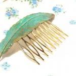 Large Verdigris Feather Hair Comb - Gold -..