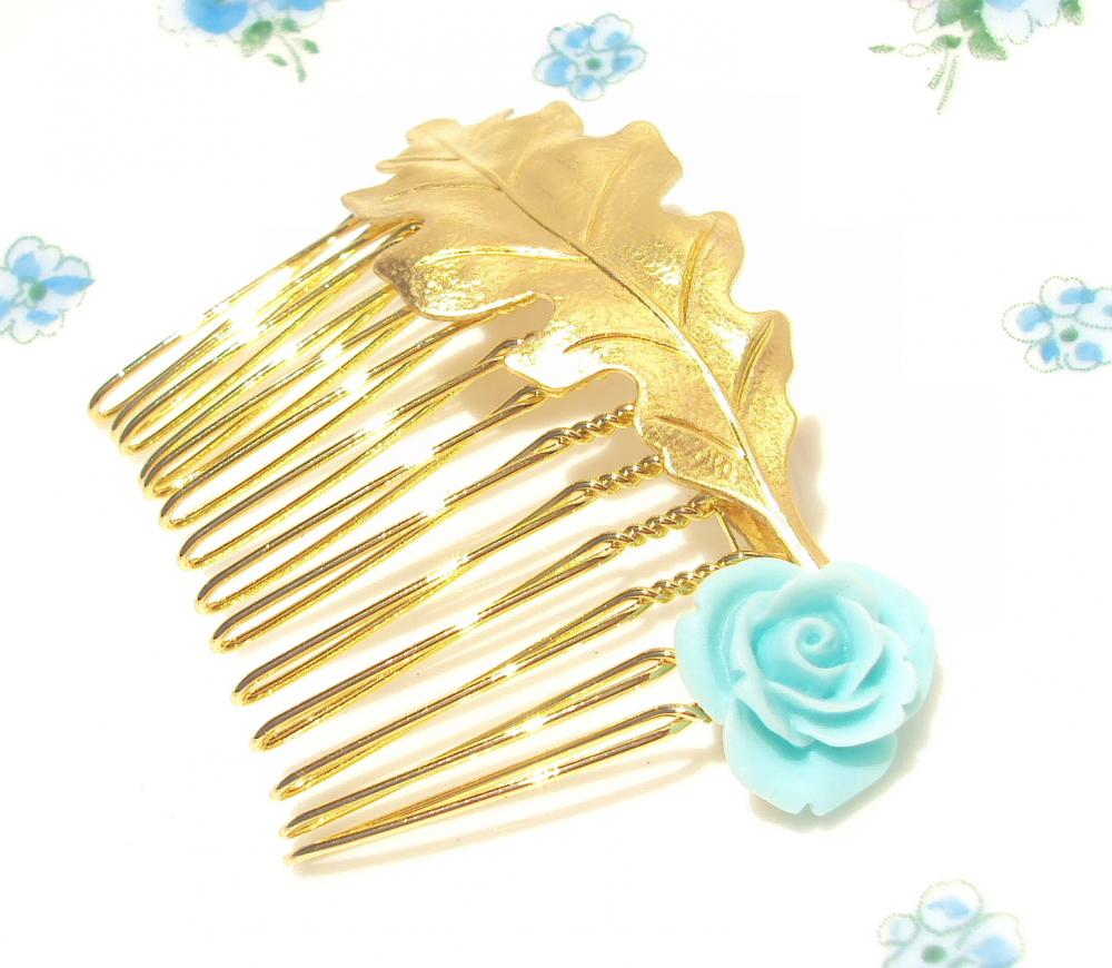Medium Gold Leaf And Flower Hair Comb - Woodland Collection - Whimsical - Nature - Bridal