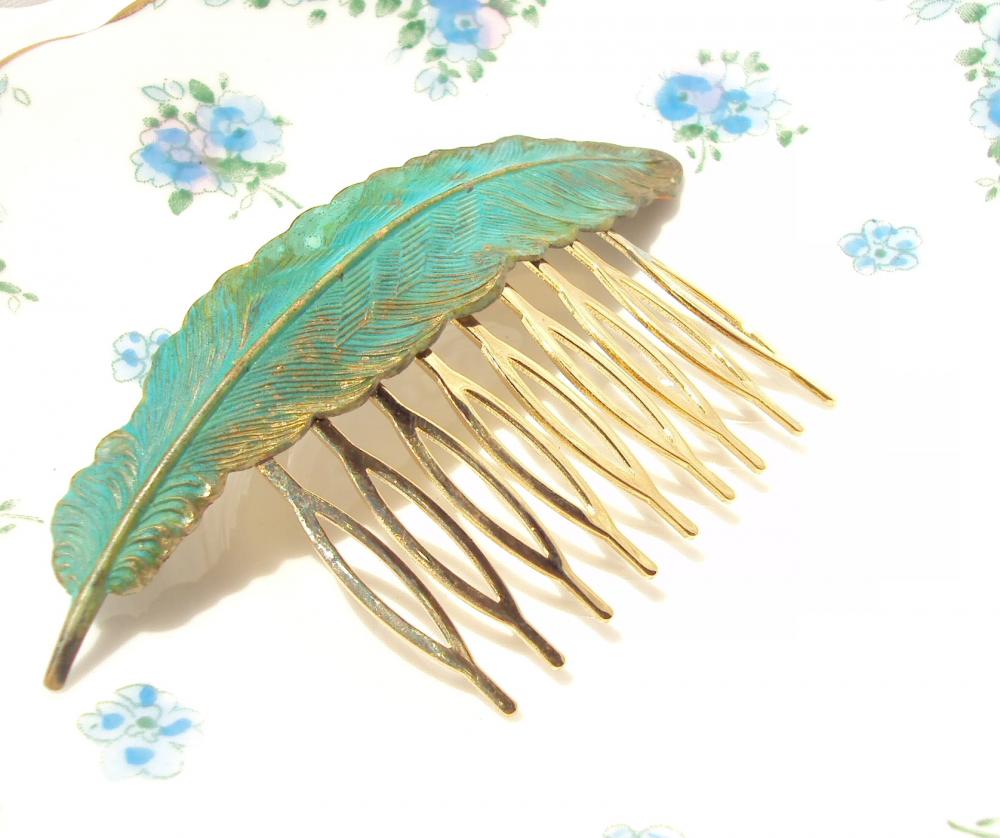 Large Verdigris Feather Hair Comb - Gold - Woodland Collection - Whimsy - Bridal