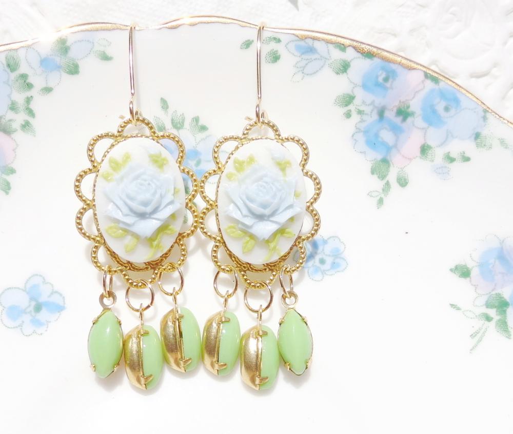 Vintage Rose And Jewel Chandelier Earrings - Whimsy - Whimsical - Romance - Bridal